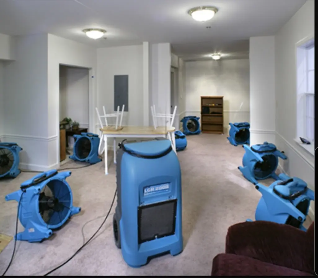 Air movers and dehumidifier setup for Water Damage Restoration in La Habra